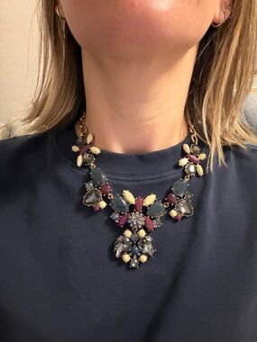 J. Crew Gold-Chain Floral Statement Necklace with Navy, Burgundy & Cream Stones
